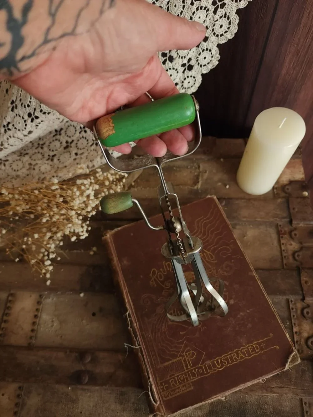 Vintage 190s Hand Mixer, A&J Manual High Speed Egg Beater with Green Wood Handle